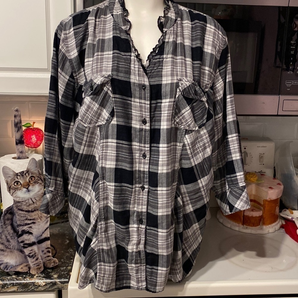 C womens Fashion Bug casual 3/4 sleeve button up plus size plaid shirt 3X